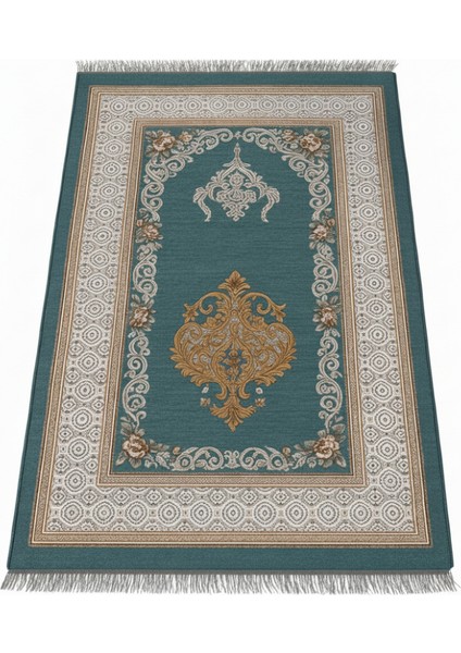 Kişiye Özel Nakış Işlemeli Çiçek Desenli Kendinden Saçaklı Turkuaz Renk Hediyelik Seccade