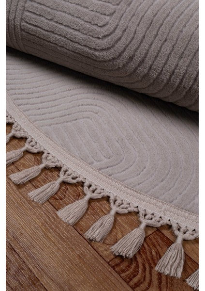 Rölyef Joy Daire Kaymaz Taban Kesme Halı Pon Pon Saçak