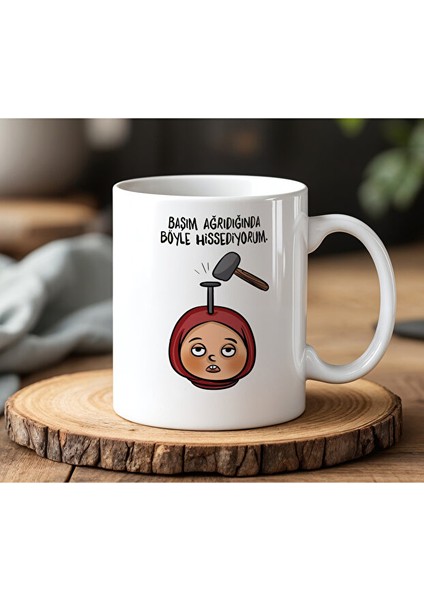 Başağrısı Tasarımlı Beyaz Seramik Baskılı Kupa Bardak