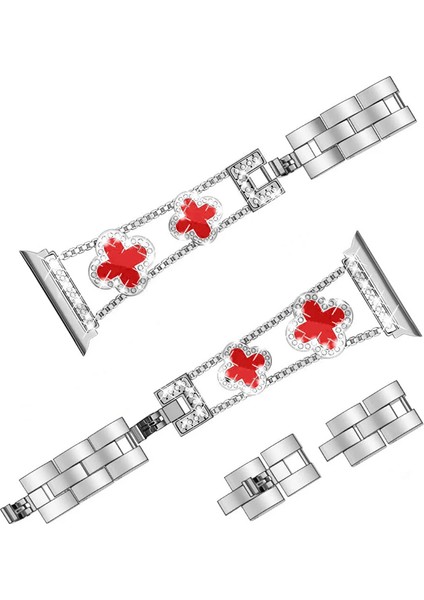 Apple Watch 11 10 9 8 7 6 Ultra Se Uyumlu 42 44 45 46 49MM Lüks Taşlı Çiçekli Metal Kordon – Şık Zarif Kadın Saat Kayışı