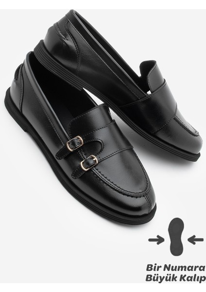 Kadın Loafer Makosen Çift Bantlı Tokalı Günlük Ayakkabı Ovora Siyah