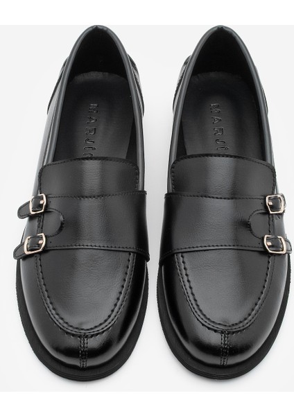 Kadın Loafer Makosen Çift Bantlı Tokalı Günlük Ayakkabı Ovora Siyah