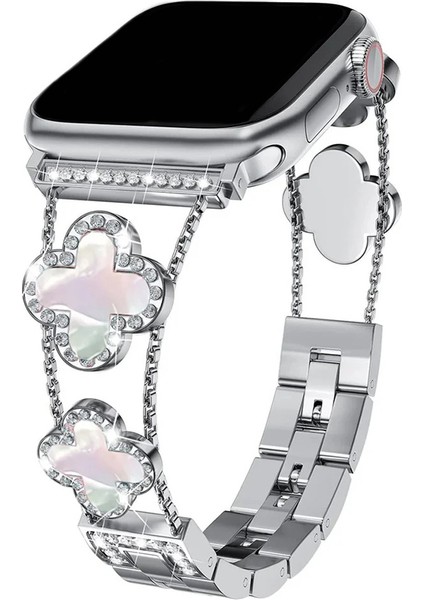 Apple Watch 11 10 42MM 9 8 7 6 Se Uyumlu 38 40 41MM Lüks Taşlı Çiçekli Metal Kordon – Şık Zarif Kadın Saat Kayışı