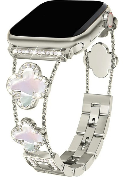 Apple Watch 11 10 9 8 7 6 Ultra Se Uyumlu 42 44 45 46 49MM Lüks Taşlı Çiçekli Metal Kordon – Şık Zarif Kadın Saat Kayışı