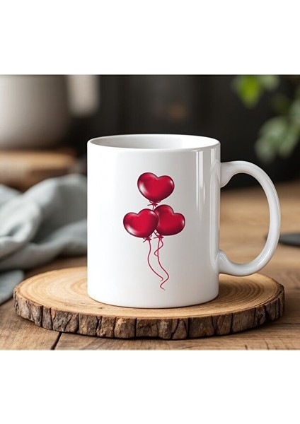 Kalpli Balon Tasarımlı Beyaz Seramik Baskılı Kupa Bardak