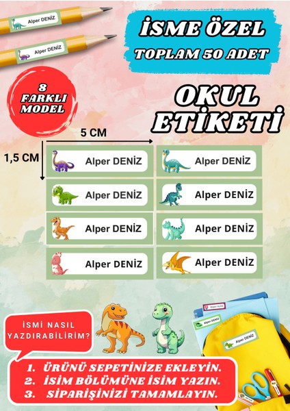 Dinazor Temalı Okul Etiketi Defter Kalem Kitap Sticker Etiket (5x1,5 Cm) 50 Adet -24-
