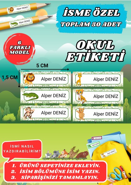 Hayvanlar Temalı Okul Etiketi Defter Kalem Kitap Sticker Etiket (5x1,5 Cm) 50 Adet -25-