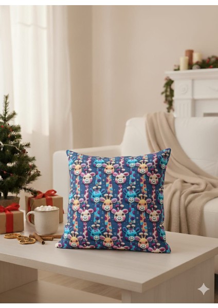 3D Nakış Efektli Sevimli Renkli Zürafa Bebek/ Çocuk Kırlent Kılıfı 43X43 (Iç Dolgusuz)