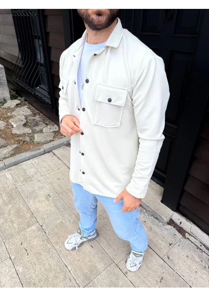 Erkek Diagonal Kumaş Cepli Çıtçıtlı Uzun Kollu, Gömlek Oversize Rahat Kalıp Günlük Şık Stil - Beyaz modelleri