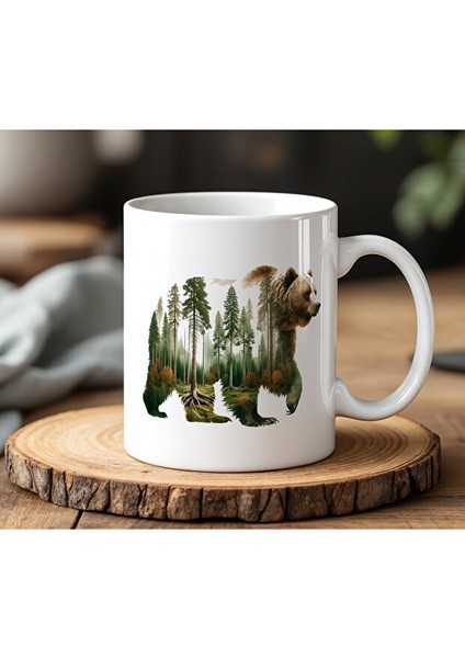 Doğa ve Ayı Tasarımlı Beyaz Seramik Baskılı Kupa Bardak