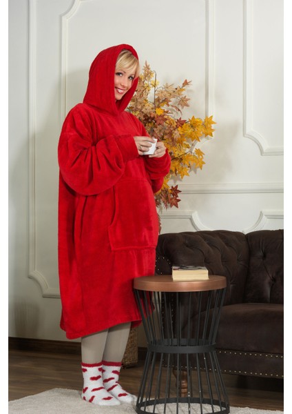 Enjoy Tv Battaniyesi Wellsoft Kapüşonlu Giyilebilir Unisex Over Size (80X110 Cm) Kırmızı