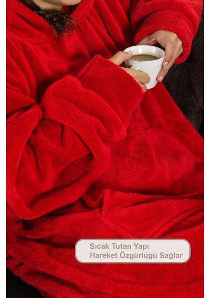 Enjoy Tv Battaniyesi Wellsoft Kapüşonlu Giyilebilir Unisex Over Size (80X110 Cm) Kırmızı modelleri