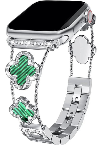 Apple Watch 11 10 42MM 9 8 7 6 Se Uyumlu 38 40 41MM Lüks Taşlı Çiçekli Metal Kordon – Şık Zarif Kadın Saat Kayışı