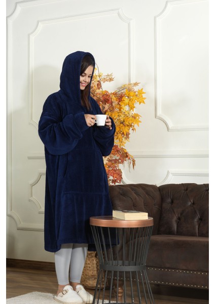 Enjoy Tv Battaniyesi Wellsoft Kapüşonlu Giyilebilir Unisex Over Size (80X110 Cm) Lacivert
