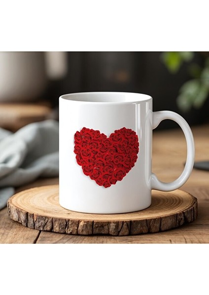 Kalp Tasarımlı Beyaz Seramik Baskılı Kupa Bardak