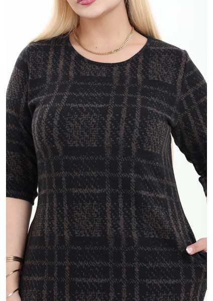 Çift Cepli Desenli Esnek Kışlık Büyük Beden Midi Elbise 18B-2738 modelleri