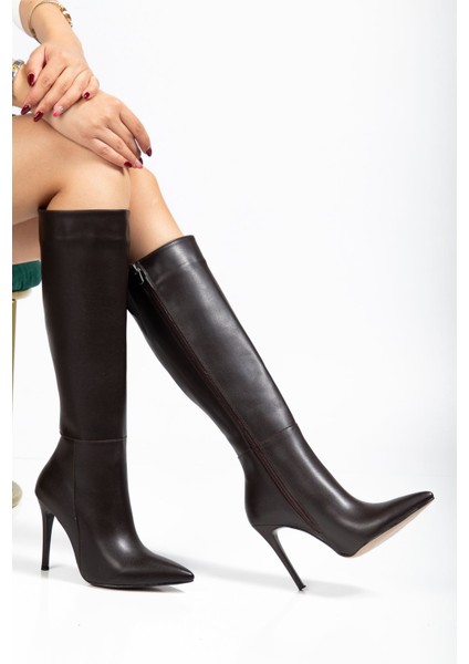 LS-226 Kahve Cilt Fermuarlı Lastikli Ince Yüksek Topuklu Kadın Çizme fiyatları