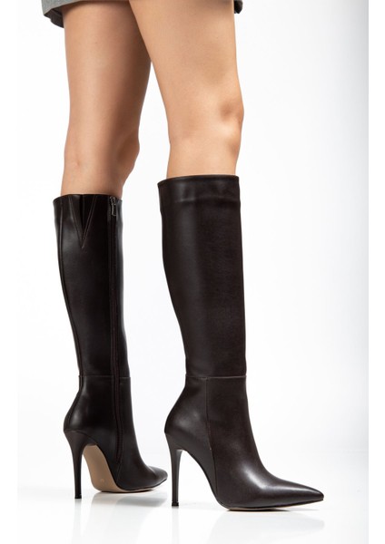 LS-226 Kahve Cilt Fermuarlı Lastikli Ince Yüksek Topuklu Kadın Çizme modelleri