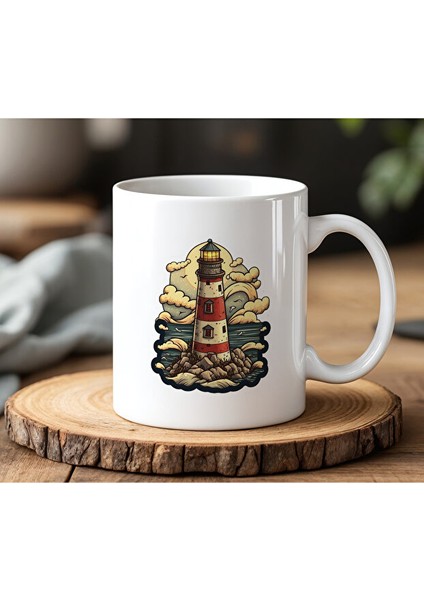 Deniz Feneri Tasarımlı Beyaz Seramik Baskılı Kupa Bardak