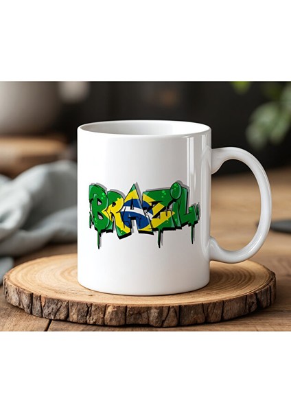 Brezilya Tasarımlı Beyaz Seramik Baskılı Kupa Bardak