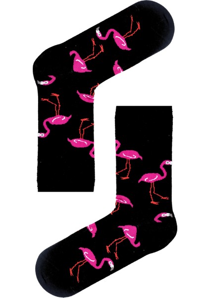 Flamingo Desenli Siyah Renkli Unisexsoket Çorap