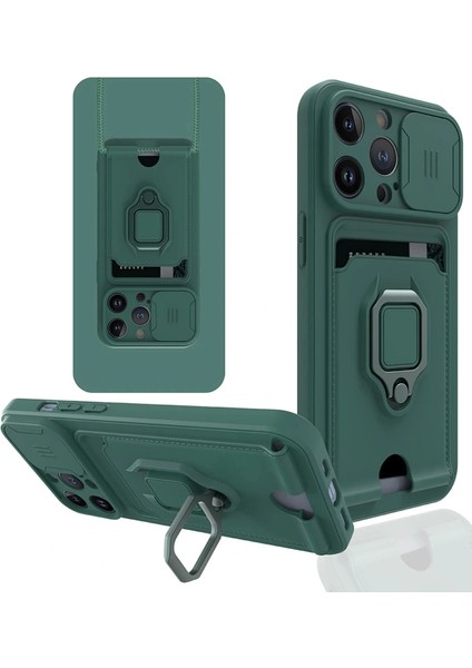 iPhone 14 Pro Max Kılıf Zuma Kartvizitli Yüzüklü Silikon - Yeşil