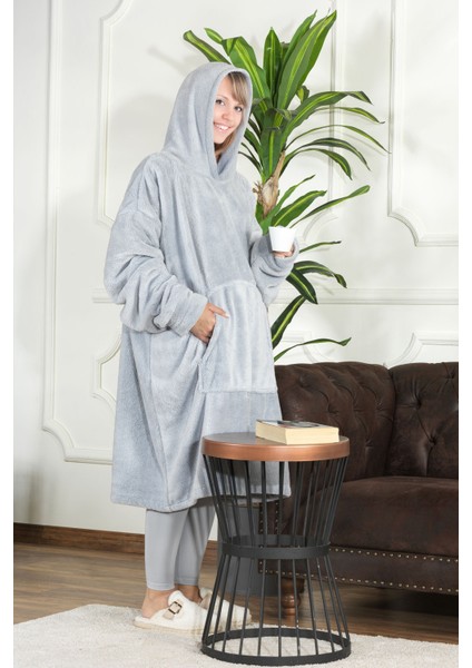 Enjoy Tv Battaniyesi Wellsoft Kapüşonlu Giyilebilir Unisex Over Size (80X110 Cm) Gri