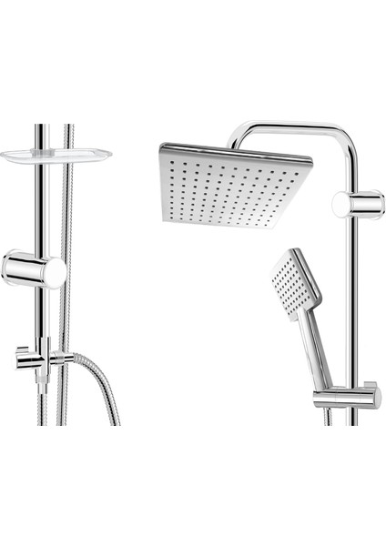 | Dushlux Paslanmaz, Krom, Kare Tasarım, Yağmurlama Tepe Duşlu Set