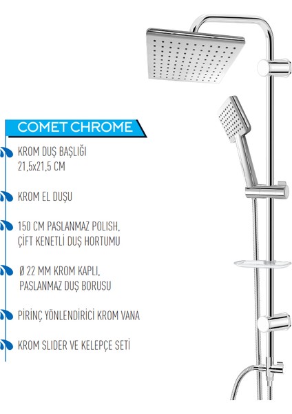 | Dushlux Paslanmaz, Krom, Kare Tasarım, Yağmurlama Tepe Duşlu Set fırsatları