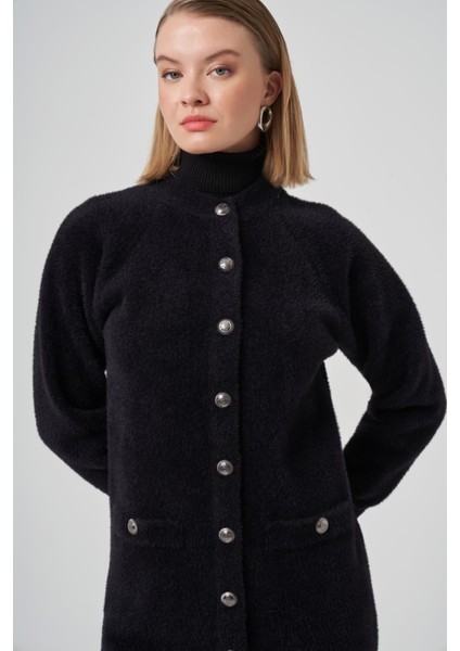 7008 Cep Detaylı Angora Hırka Siyah