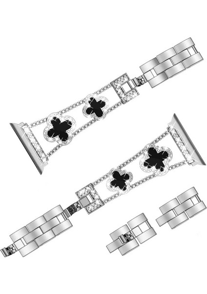 Apple Watch 11 10 9 8 7 6 Ultra Se Uyumlu 42 44 45 46 49MM Lüks Taşlı Çiçekli Metal Kordon – Şık Zarif Kadın Saat Kayışı