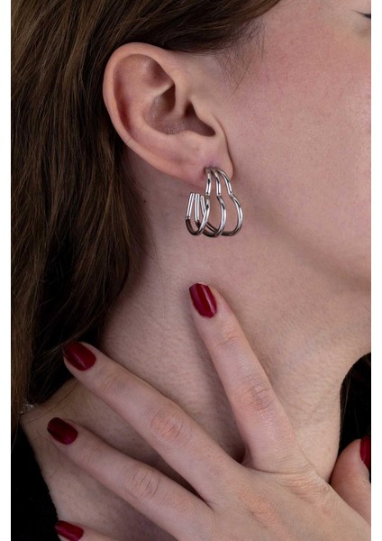 Üçlü Kalp Beyaz Altın Kaplama Çelik Kadın Küpe