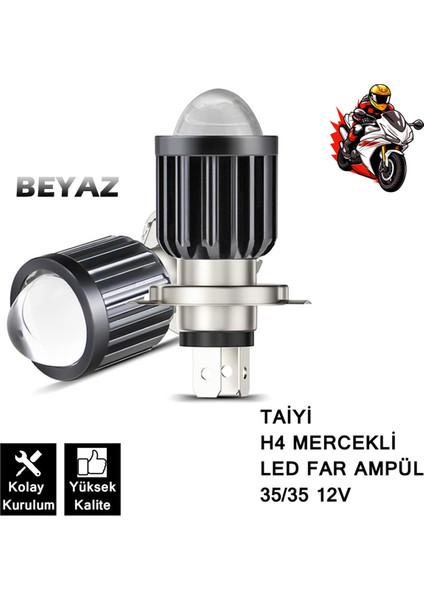 Mercekli LED Motosiklet Far Ampulü 12V H4 35/35W P43T ( Beyaz ) 1 Adet