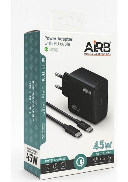 45W Pd Hızlı Şarj Adaptörü + Type-C To Type-C Kablo | Qualcomm Qc Destekli – Güçlü ve Güvenli Şarj