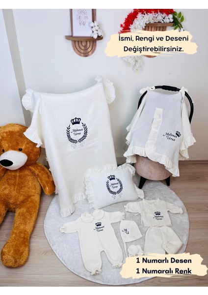 Isme Özel Nakış Işlemeli %100 Pamuk Müslin Hastane Çıkış Seti Takı Yastığı ve Puset Örtüsü