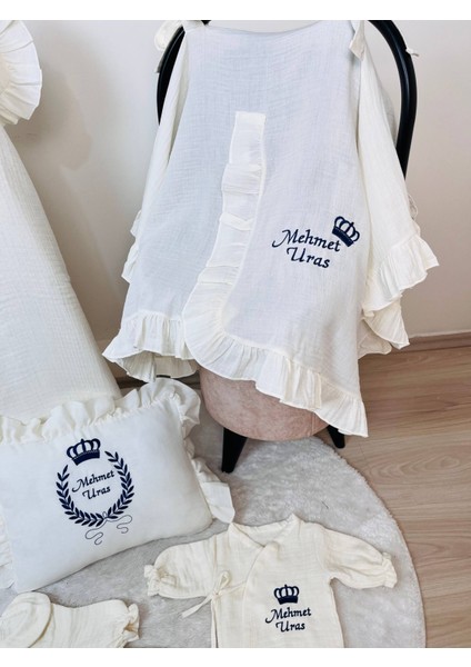 Isme Özel Nakış Işlemeli %100 Pamuk Müslin Hastane Çıkış Seti Takı Yastığı ve Puset Örtüsü modelleri