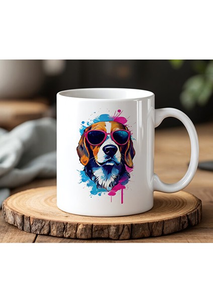 Renkli Köpek Tasarımlı Beyaz Seramik Baskılı Kupa Bardak