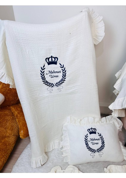Isme Özel Nakış Işlemeli %100 Pamuk Müslin Hastane Çıkış Seti Takı Yastığı ve Puset Örtüsü