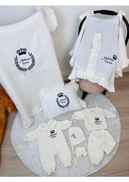Isme Özel Nakış Işlemeli %100 Pamuk Müslin Hastane Çıkış Seti Takı Yastığı ve Puset Örtüsü