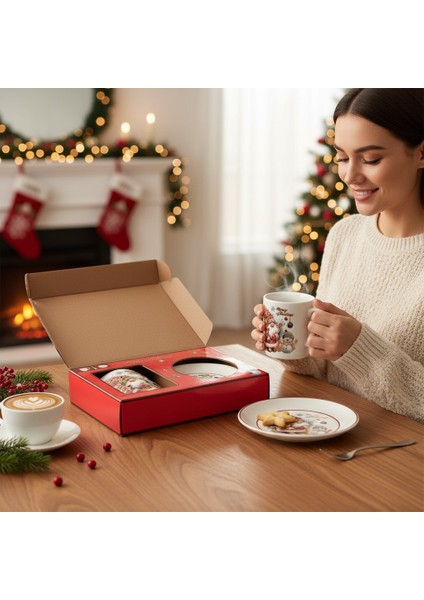 Hediyelik Seramik Yeni Yıl Temalı 3’lü Kupa ve Tabak Hediye Seti Çam Ağacı Noel Baba Yılbaşı Konseptli Kupa Mug Bardak Seti (Noel Baba Kardan Adam Mug) modelleri