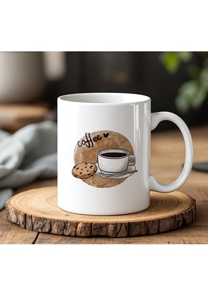 Kahve Tasarımlı Beyaz Seramik Baskılı Kupa Bardak