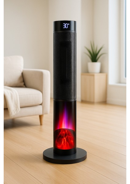 Alev Efektli Kule Tipi Fanlı Seramik Isıtıcı Uzaktan Kumandalı Şömine Efektli Ptc Isıtıcı