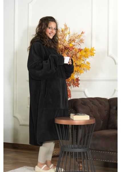 Enjoy Tv Battaniyesi Wellsoft Kapüşonlu Giyilebilir Unisex Over Size (80X110 Cm) Siyah