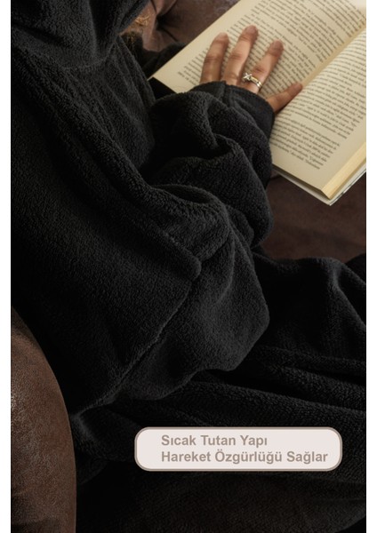 Enjoy Tv Battaniyesi Wellsoft Kapüşonlu Giyilebilir Unisex Over Size (80X110 Cm) Siyah modelleri