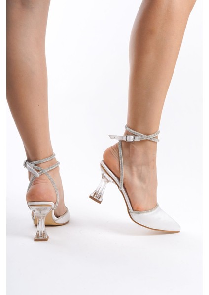Beyaz Bilekten Taş Şerit Bağlamalı Saten Şeffaf Yüksek Topuklu Kadın Abiye Ayakkabı