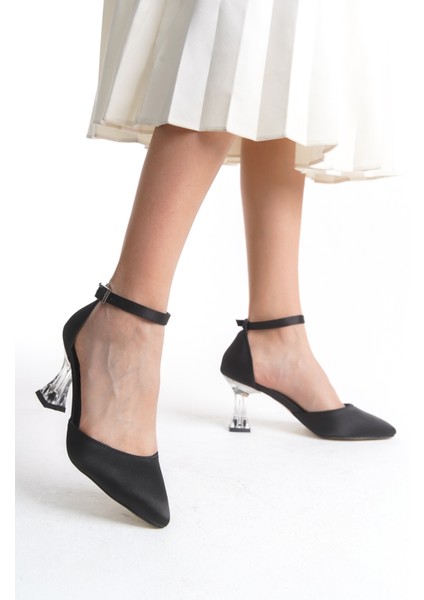 Bilekten Tokalı Saten Şeffaf Yüksek Topuklu Kadın Abiye Ayakkabı