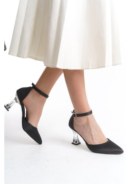 Bilekten Tokalı Saten Şeffaf Yüksek Topuklu Kadın Abiye Ayakkabı