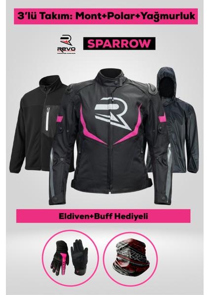 Sparrow Pembe 3 Katmanlı 4 Mevsim Kadın Motosiklet Montu + ELDİVEN VE BUFF HEDİYELİ