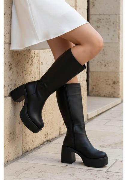 Kalın Yüksek Topuklu Fermuarlı Diz Altı Sade Klasik Kadın Çizme indirimleri