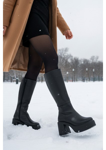 Kalın Yüksek Topuklu Fermuarlı Diz Altı Sade Klasik Kadın Çizme